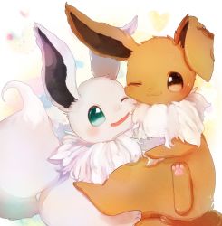 Rule 34 | :3, alternate color, animal focus, aqua eyes, banchiku, blush, brown eyes, cheek-to-cheek, closed mouth, creatures (company), eevee, fang, fluffy, game freak, gen 1 pokemon, happy, heads together, heart, hug, nintendo, no humans, one eye closed, open mouth, pokemon, pokemon (creature), shiny and normal, shiny pokemon, simple background, smile, spread legs, white background