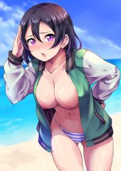Rule 34 | 1girl, beach, bikini, bikini bottom only, black hair, blue sky, blush, breasts, cleavage, cloud, collarbone, cowboy shot, day, embarrassed, gluteal fold, green jacket, hair between eyes, hand on own hip, hand up, highres, jacket, kanabun, large breasts, leaning forward, looking at viewer, love live!, love live! sunshine!!, love live! sunshine!! the school idol movie over the rainbow, midriff, multicolored clothes, multicolored jacket, navel, nipples, nose blush, open clothes, open jacket, open mouth, purple eyes, salute, shiny skin, short hair, sky, solo, standing, stomach, striped bikini, striped clothes, swimsuit, thighs, topless, two-sided fabric, two-sided jacket, two-tone jacket, unworn bikini top, unzipped, watanabe tsuki, white jacket