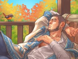 Rule 34 | 1boy, ainu clothes, arms behind head, autumn leaves, backpack, bag, bara, beard, bird, black hair, buzz cut, chest hair, coat, covered erect nipples, facial hair, feet out of frame, golden kamuy, large pectorals, lying, male focus, mature male, muscular, muscular male, nopinzo, official alternate costume, on back, open clothes, open coat, partially unbuttoned, pectoral cleavage, pectorals, short hair, sideburns, sleeping, solo, sunlight, tanigaki genjirou, thick eyebrows, tree, very short hair, wood