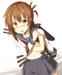 Rule 34 | 10s, 1girl, blush, brown eyes, brown hair, elbow gloves, flat chest, folded ponytail, gloves, inazuma (kancolle), kantai collection, long hair, looking at viewer, mashayuki, midriff, navel, nipples, open mouth, pleated skirt, school uniform, serafuku, skirt, smile, solo, torn clothes