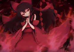 Rule 34 | 1girl, alternate color, bare shoulders, black background, black eyes, black hair, bow, brown hair, closed mouth, collar, collared dress, dress, frills, gohei, hair between eyes, hair ornament, hair tubes, hakurei reimu, hands up, highres, long hair, long sleeves, looking to the side, red background, red bow, red dress, red eyes, red sleeves, solo, standing, tomoe (fdhs5855), touhou, wide sleeves