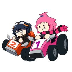 Rule 34 | 1boy, 1girl, digimon, kart, looking at another, original, simple background, taiga (digimon), wheel, white background