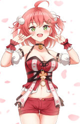 Rule 34 | 1girl, :d, absurdres, ahoge, bell, blush, breasts, cherry blossom print, cleavage, commentary request, cowboy shot, fingers to cheeks, floral print, green eyes, hair ornament, highres, hololive, large breasts, navel, neck bell, open mouth, pink hair, pom pom (clothes), pom pom hair ornament, red shorts, rinkaa (lovelive765pro2), sakura miko, sakura miko (work), scrunchie, short hair, shorts, smile, solo, stomach, two side up, virtual youtuber, white background, wrist scrunchie