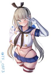 Rule 34 | 1girl, ;), arm up, black hairband, black neckerchief, black panties, blonde hair, blue bow, blue eyes, blue sailor collar, blue skirt, blunt bangs, bow, bow hairband, breasts, commentary request, cosplay, crop top, cropped legs, double v, elbow gloves, gloves, hair bow, hairband, hands up, highleg, highleg panties, kantai collection, large breasts, long hair, looking at viewer, low twintails, maryland (kancolle), microskirt, navel, neckerchief, one-hour drawing challenge, one eye closed, panties, parted lips, sailor collar, shimakaze (kancolle), shimakaze (kancolle) (cosplay), skirt, smile, solo, striped clothes, striped thighhighs, tf cafe, thighhighs, twintails, twitter username, underboob, underwear, v, white gloves
