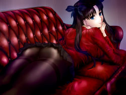 Rule 34 | 1girl, alternate legwear, ass, black pantyhose, black skirt, blue eyes, blue ribbon, brown hair, fate/stay night, fate (series), from behind, hair ribbon, highres, long sleeves, looking back, lying, on stomach, pantyhose, pleated skirt, ribbon, shopjapen, skirt, smile, solo, sweater, thighband pantyhose, tohsaka rin, upskirt