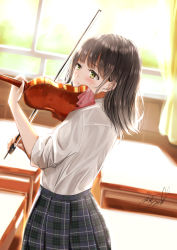 Rule 34 | 1girl, blurry, blurry background, bow (music), brown hair, classroom, commentary request, cowboy shot, curtains, day, desk, from side, highres, holding, holding instrument, holding violin, indoors, instrument, light smile, looking to the side, medium hair, music, original, plaid, plaid skirt, playing instrument, school desk, school uniform, shirt, signature, skirt, sleeves pushed up, solo, soragane (banisinngurei), standing, violin, white shirt, window, yellow eyes