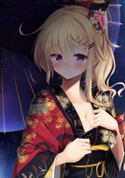 Rule 34 | 1girl, ahoge, black kimono, blonde hair, blue eyes, blush, breasts, cleavage, collarbone, commentary request, copyright request, flower, hair between eyes, hair flower, hair ornament, hairclip, holding, holding umbrella, japanese clothes, kimono, large breasts, long sleeves, looking at viewer, multicolored clothes, multicolored kimono, pink flower, red kimono, sasahara wakaba, solo, umbrella, upper body