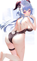 Rule 34 | 1girl, absurdres, ahoge, ass, backless leotard, bare arms, bare back, bare legs, bare shoulders, barefoot, black leotard, blue hair, breasts, rabbit hair ornament, cross-laced clothes, fake tail, flying sweatdrops, foot out of frame, ganyu (genshin impact), genshin impact, goat horns, grabbing own thigh, hair intakes, hair ornament, hair ribbon, hand up, highleg, highleg leotard, highres, horns, large breasts, leotard, long hair, looking at viewer, median furrow, nontraditional playboy bunny, open mouth, purple eyes, rabbit tail, ribbon, shoulder blades, smile, solo, tail, thigh strap, usagi poi, wet, x hair ornament