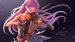 Rule 34 | 1girl, arms up, bare arms, braid, commission, commissioner upload, dress, eposhim, feathers, fire emblem, fire emblem: the binding blade, fire emblem heroes, french braid, hair blowing, head tilt, highres, instrument, long hair, music, nintendo, purple eyes, purple hair, sad, skeb commission, sleeveless, sleeveless dress, sophia (fire emblem), very long hair, violin, bow (music)