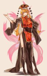 Rule 34 | 1girl, black dress, black footwear, black sash, boots, breasts, closed mouth, dress, full body, hair between eyes, hand on own hip, hand up, highres, junko (touhou), long hair, looking at viewer, medium breasts, oftooon, orange hair, phoenix crown, red eyes, red tabard, sash, sideless outfit, solo, standing, tabard, thigh boots, touhou, yellow background