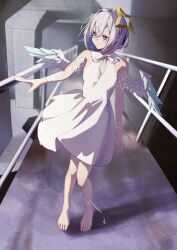 Rule 34 | 1girl, absurdres, alternate costume, amane kanata, bare shoulders, barefoot, blue eyes, blue hair, blurry, closed mouth, colored inner hair, commentary request, depth of field, dress, full body, halo, highres, hololive, looking to the side, mini wings, multicolored hair, short hair, sleeveless, sleeveless dress, smallpine 7, solo, standing, star halo, virtual youtuber, white dress, white hair, wings, yellow halo