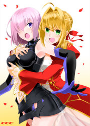 Rule 34 | 10s, 2girls, :d, ahoge, armor, bare shoulders, blonde hair, grabbing another&#039;s breast, breasts, dress, elbow gloves, epaulettes, fate/extra, fate/grand order, fate (series), gloves, grabbing, grabbing from behind, gradient background, green eyes, hair over one eye, hair ribbon, hug, hug from behind, impossible clothes, juliet sleeves, large breasts, long sleeves, mash kyrielight, multiple girls, nero claudius (fate), nero claudius (fate) (all), nero claudius (fate/extra), open mouth, petals, pink hair, puffy sleeves, purple eyes, ribbon, see-through, shirotsumekusa, short hair, smile, sweatdrop, yuri