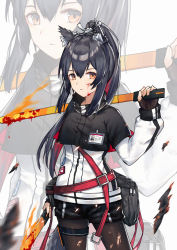 Rule 34 | 1girl, alternate hairstyle, animal ears, arknights, bag, black shorts, blood, blurry, brown eyes, commentary request, cowboy shot, drop shadow, dual wielding, expressionless, hair ribbon, highres, holding, holding sword, holding weapon, id card, injury, jacket, long hair, long sleeves, looking at viewer, motion blur, pantyhose, ponytail, pouch, ribbon, short shorts, shorts, solo, sword, texas (arknights), uniform, weapon, white jacket, wolf ears, yuuki mix