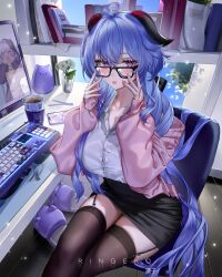 Rule 34 | 1girl, absurdres, ahoge, alternate costume, animal slippers, artist name, black skirt, black thighhighs, blue hair, breasts, cellphone, collared shirt, commentary, computer, cup, desk, ganyu (genshin impact), garter straps, genshin impact, glasses, goat horns, highres, horns, indoors, jacket, keyboard (computer), large breasts, long hair, long sleeves, looking at viewer, nail polish, office lady, open clothes, open jacket, parted lips, phone, pink jacket, pink nails, purple eyes, ringeko-chan, shirt, sitting, skindentation, skirt, sleeves past wrists, slippers, smartphone, solo, thighhighs, very long hair, white shirt