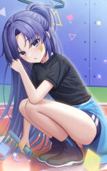 Rule 34 | 1girl, absurdres, black footwear, black shirt, blue archive, blue buruma, blue jacket, blush, buruma, chisi, clothes around waist, commentary, full body, halo, highres, holding, jacket, jacket around waist, long hair, looking at viewer, open mouth, parted bangs, purple eyes, purple hair, shirt, short sleeves, sidelocks, solo, squatting, star sticker, sticker on face, sweat, track jacket, very long hair, yuuka (blue archive), yuuka (track) (blue archive)
