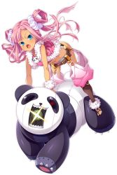 Rule 34 | 1girl, all fours, bandeau, belt, black socks, blue eyes, chaps, full body, fur trim, hikage eiji, kneehighs, koihime musou, leaning forward, long hair, midriff, navel, no pants, official art, open mouth, panda, panties, pink hair, red vest, riding, robot, shouting, socks, sonshoukou, striped clothes, striped panties, toes, transparent background, twintails, underwear, vest