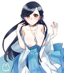 Rule 34 | 1girl, aged up, arms up, artist logo, bad id, bad pixiv id, bare shoulders, blue dress, blue hair, braid, braided bangs, breasts, breasts out, cleavage, dress, earrings, expressionless, female focus, hisato ar, honzuki no gekokujou, jewelry, large breasts, looking at viewer, myne (honzuki no gekokujou), necklace, nipples, no bra, pendant, ring, strapless, w arms, white background, yellow eyes