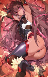 Rule 34 | 1girl, armpits, arms behind head, arms up, ass, bare shoulders, black footwear, black gloves, boots, breasts, brown hair, covered navel, curvy, dark-skinned female, dark skin, elbow gloves, gloves, high heel boots, high heels, highleg, highleg leotard, highres, leotard, long hair, looking at viewer, mizuki yukikaze, parted lips, pink eyes, pink ribbon, ribbon, shiny skin, skirt, small breasts, solo, sweat, taimanin (series), taimanin yukikaze, tan, tanline, thigh boots, thighhighs, thong leotard, twintails, two side up, very long hair, yd (orange maru)