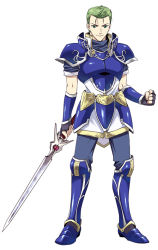 Rule 34 | 1boy, agahari, armor, armored boots, blue eyes, boots, fire emblem, fire emblem: mystery of the emblem, fire emblem: new mystery of the emblem, full body, gloves, green eyes, green hair, luke (fire emblem), male focus, matching hair/eyes, nintendo, simple background, solo, sword, weapon, white background