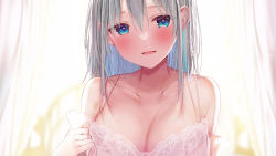 Rule 34 | 1girl, :d, absurdres, backlighting, bare shoulders, blue eyes, blue hair, breasts, cleavage, collarbone, colored inner hair, grey hair, highres, large breasts, lingerie, looking at viewer, multicolored hair, open mouth, original, rouka (akatyann), smile, solo, two-tone hair, underwear, underwear only, upper body