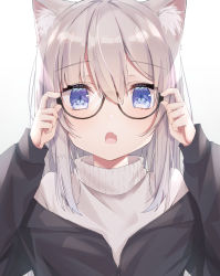 Rule 34 | 1girl, :o, animal ear fluff, animal ears, black jacket, blue eyes, cat ears, fang, glasses, gradient background, grey background, grey hair, hair between eyes, hands up, highres, jacket, long sleeves, looking at viewer, open mouth, original, puffy long sleeves, puffy sleeves, ringouulu, sleeves past wrists, solo, sweater, turtleneck, turtleneck sweater, twitter username, upper body, white background, white sweater