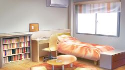Rule 34 | air conditioner, bed, bedroom, book, bookshelf, bulletin board, controller, film grain, game cg, indoors, izumi tsubasu, no humans, non-web source, official art, pillow, re:stage!, remote control, rug, scenery, swivel chair, table, window, window shadow, wooden desk, wooden floor
