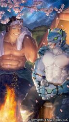 Rule 34 | 2boys, abs, aqua fur, bara, black hair, blue eyes, bottle, campfire, cherry blossoms, commentary request, company name, copyright notice, dark-skinned male, dark skin, demon boy, demon horns, extra horns, fangs, fingerless gloves, fire, furry, furry male, gloves, grin, helmet, holding, holding bottle, horns, large pectorals, live a hero, looking at another, macroich (housamo), male focus, multicolored hair, multiple boys, muscular, muscular male, neumo, night, nipples, one eye closed, pectorals, petals, rexer (live a hero), shooting star, short hair, sky, smile, star (sky), starry sky, tent, thick eyebrows, tokyo houkago summoners, topless male, towel, towel around neck, water bottle, white hair