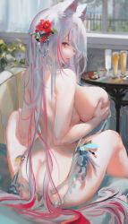 Rule 34 | 1girl, ass, back, backless dress, backless outfit, bare shoulders, breast hold, breasts, butt crack, ceey, commentary request, cup, day, dress, drinking glass, flower, french commentary, from behind, grey hair, hair flower, hair ornament, highres, indoors, large breasts, lips, long hair, looking at viewer, looking back, multicolored hair, no panties, original, pink hair, red eyes, red flower, revealing clothes, sideboob, sitting, smile, solo, spread legs, streaked hair, table, two-tone hair, very long hair, white dress