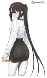 Rule 34 | 1girl, ass, black hair, black skirt, brown eyes, collared shirt, cropped legs, dress shirt, from behind, highres, kantai collection, long hair, looking at viewer, looking back, nachi (kancolle), one-hour drawing challenge, pantyhose, pencil skirt, shirt, simple background, skirt, solo, twitter username, very long hair, white background, white pantyhose, white shirt, yamano rita