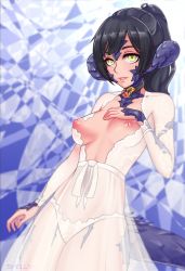 Rule 34 | 1girl, absurdres, arm at side, au ra, warrior of light (ff14), black hair, breasts, collarbone, commentary, cowboy shot, dragon horns, dragon tail, dress, final fantasy, final fantasy xiv, from below, hand on own chest, highres, horns, large breasts, long hair, looking at viewer, medium breasts, navel, nipples, panties, parted lips, ponytail, scales, see-through, see-through dress, shellvi, smile, solo, tail, underwear, white dress, white panties, yellow eyes