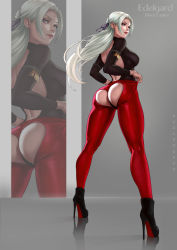 Rule 34 | 1girl, alternate costume, ankle boots, artist name, ass, ass cutout, back, back cutout, bare back, black footwear, black panties, black shirt, boots, breasts, character name, closed mouth, clothing cutout, curvy, dandon fuga, edelgard von hresvelg, fire emblem, fire emblem: three houses, forehead, full body, grey background, hair ribbon, high heel boots, high heels, highres, huge ass, legs, legs apart, lipstick, long hair, long sleeves, looking back, makeup, medium breasts, nintendo, panties, pants, purple eyes, purple ribbon, red lips, red pants, reflective floor, ribbon, shirt, sidelocks, silver hair, smile, solo, standing, thick thighs, thighs, tight clothes, tight pants, underwear, wide hips