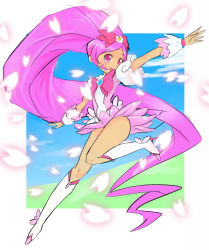 Rule 34 | 10s, 1girl, boots, bow, brooch, cure blossom, hanasaki tsubomi, heart, heart brooch, heartcatch precure!, jewelry, knee boots, long hair, magical girl, okera, petals, pink bow, pink eyes, pink hair, ponytail, precure, solo, very long hair