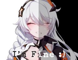Rule 34 | black background, braid, closed eyes, commentary request, crying, dduehddueh, english text, hair ornament, happy, honkai (series), honkai impact 3rd, kiana kaslana, kiana kaslana (void drifter), kiana kaslana (white comet), korean commentary, sad, simple background, smile, star (symbol), star hair ornament, tears, upper body, white background, white hair