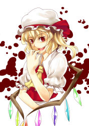 Rule 34 | 1girl, absurdres, bad id, bad pixiv id, blonde hair, bow, fang, female focus, flandre scarlet, hat, highres, jpeg artifacts, ponytail, red eyes, scottie (phantom2), short hair, side ponytail, smile, solo, touhou, upper body, wings
