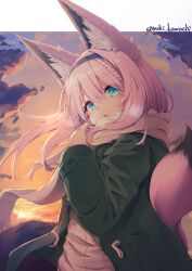 Rule 34 | 1girl, absurdres, animal ears, black hairband, blue eyes, blush, braid, breath, cloud, commentary request, floating hair, fox ears, fox girl, fox tail, fringe trim, green jacket, grey scarf, hair between eyes, hairband, hand up, highres, jacket, long hair, long sleeves, looking at viewer, open clothes, open jacket, original, parted lips, pink hair, ribbed sweater, scarf, short sleeves, sky, solo, sunset, sweater, tail, thick eyebrows, twitter username, very long hair, white sweater, yuki kawachi