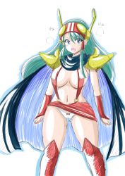 Rule 34 | 1990s (style), 1girl, blue eyes, blush, boots, breasts, cape, cleavage, genji tsuushin agedama, green hair, head-mounted display, highres, huge breasts, koutarosu, kuki rei, long hair, microskirt, miniskirt, navel, open mouth, panties, revealing clothes, shoulder pads, skirt, solo, thighhighs, underwear