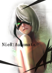 Rule 34 | 1girl, absurdres, black hairband, blindfold, breasts, collarbone, copyright name, one eye covered, glowing, glowing eyes, green eyes, hair over eyes, hair over one eye, hairband, highres, kuroshii, looking at viewer, mole, mole under mouth, nier (series), nier:automata, nose, nude, parted lips, pink lips, portrait, short hair, silver hair, small breasts, solo, upper body, 2b (nier:automata)