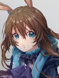 Rule 34 | 1girl, amiya (arknights), animal ear fluff, animal ears, arknights, ascot, black jacket, blue eyes, brooch, brown hair, commentary request, grey background, hair between eyes, izumiko (micoizu), jacket, jewelry, long hair, looking at viewer, low ponytail, open clothes, open jacket, parted lips, ponytail, purple ascot, rabbit ears, shirt, sidelocks, simple background, solo, upper body, white shirt