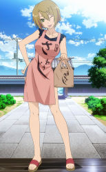 Rule 34 | 10s, 1girl, apron, breasts, clothes writing, feet, food, highres, large breasts, long legs, looking at viewer, one eye closed, sandals, sankarea, saouji ranko, screencap, short hair, shorts, solo, stitched, third-party edit, tongue, wink