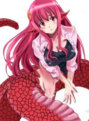 Rule 34 | 10s, 1girl, bad id, bad pixiv id, breasts, cleavage, hair ornament, hairclip, himajin koroshi, lamia, large breasts, long hair, miia (monster musume), monster girl, monster musume no iru nichijou, navel, open clothes, open shirt, own hands together, pointy ears, red eyes, red hair, scales, shirt, sleeves rolled up, slit pupils, snake tail, solo, tail, v arms