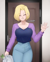 Rule 34 | 1girl, android 18, artist name, bag, blonde hair, breasts, cleavage, collarbone, curvy, denim, door, dragon ball, dragon ball super, closed eyes, flytrapxx, highres, jeans, large breasts, long sleeves, mature female, pants, short hair, smile, solo, spring onion, thick thighs, thighs