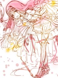 Rule 34 | 1girl, :d, corset, dress, hair between eyes, holding, holding staff, leaning forward, lolita fashion, long hair, long sleeves, looking at viewer, open mouth, red headwear, red riding hood (sinoalice), simple background, sinoalice, sketch, smile, solo, staff, teroru, thighhighs, unfinished, white background, white dress, white hair, white thighhighs, yellow eyes