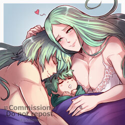 Rule 34 | 1boy, 1girl, bed sheet, blush, breasts, byleth (fire emblem), byleth (male) (fire emblem), child, cleavage, closed mouth, commission, couple, family, fire emblem, fire emblem: three houses, fire emblem heroes, green eyes, green hair, gzei, hand on another&#039;s head, highres, husband and wife, if they mated, jewelry, large breasts, long hair, matching hair/eyes, muscular, muscular male, nightgown, nintendo, rhea (fire emblem), ring, short hair, sleeping, smile, topless male, wedding ring, white nightgown