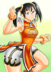 Rule 34 | 1girl, bespectacled, black hair, bracelet, breasts, brown eyes, china dress, chinese clothes, dress, glasses, highres, jewelry, ling xiaoyu, namco, narrow waist, rimless eyewear, short twintails, shorts, smile, solo, tekken, tekken 3, tekken 4, tekken 5, tekken tag tournament, tekken tag tournament 2, thick thighs, thighs, tsukumo (inatsuku), twintails, wide hips