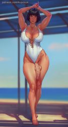 Rule 34 | 1futa, absurdres, armpits, arms up, barefoot, black hair, blue eyes, breasts, capcom, covered erect nipples, curvy, devil may cry, devil may cry (series), devil may cry 4, feet, foreskin, full body, futanari, heterochromia, highleg, highleg swimsuit, highres, huge breasts, jewelry, kupocun, lady (devil may cry), large breasts, large penis, navel, necklace, one-piece swimsuit, parted lips, patreon username, penis, red eyes, scar, short hair, solo, standing, swimsuit, thick thighs, thighs, toes, veins, veiny penis, watermark, web address, white one-piece swimsuit, wide hips