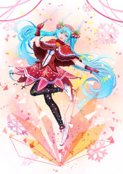 Rule 34 | 1girl, absurdres, aqua hair, black pantyhose, blue eyes, capelet, gloves, hair ornament, hatsune miku, highres, holly hair ornament, leg up, long hair, looking at viewer, mr. j.w, open mouth, pantyhose, red gloves, red skirt, shoes, skirt, solo, twintails, very long hair, vocaloid, wand, white footwear
