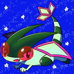 Rule 34 | black eyes, blue background, claws, creatures (company), fang, flygon, flying, game freak, gen 3 pokemon, nintendo, no humans, open mouth, pokemon, pokemon (creature), rick36i, sky, solo, star (sky), star (symbol), starry sky, wings