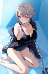 Rule 34 | 1girl, barefoot, black jacket, black one-piece swimsuit, blue eyes, blush, breasts, chigusa minori, cleavage, closed mouth, collarbone, commentary request, corrupted twitter file, covered navel, from above, grey hair, highres, jacket, large breasts, long sleeves, medium hair, off shoulder, one-piece swimsuit, open clothes, open jacket, saotome shino (shino to ren), shino to ren, single bare shoulder, sitting, solo, swimsuit, thighs, water, wet