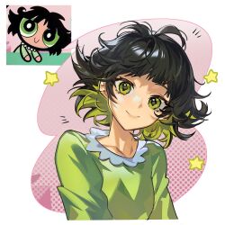 Rule 34 | 1girl, absurdres, black hair, breasts, buttercup (ppg), buttercup redraw challenge (meme), collarbone, cropped torso, derivative work, flipped hair, green eyes, green hair, highres, mato-c, meme, messy hair, multicolored background, multiple views, pajamas, powerpuff girls, small breasts, star (symbol)