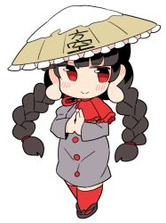 Rule 34 | 1girl, ajirogasa, black hair, blush, braid, brown hat, buttons, capelet, closed mouth, dress, full body, grey dress, hat, ini (inunabe00), long earlobes, long hair, long sleeves, red capelet, red eyes, red thighhighs, simple background, smile, solo, thighhighs, touhou, twin braids, white background, yatadera narumi